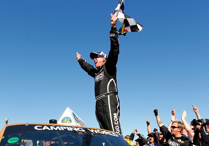 Ron Hornaday Jr. celebrates his first career Martinsville Speedway victory, in the Kroger 200. Credit: Geoff Burke/Getty Images for NASCAR